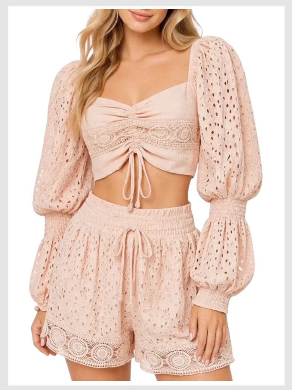 Surf Gypsy Eyelet Crochet Crop Top Shorts Set Blush S
